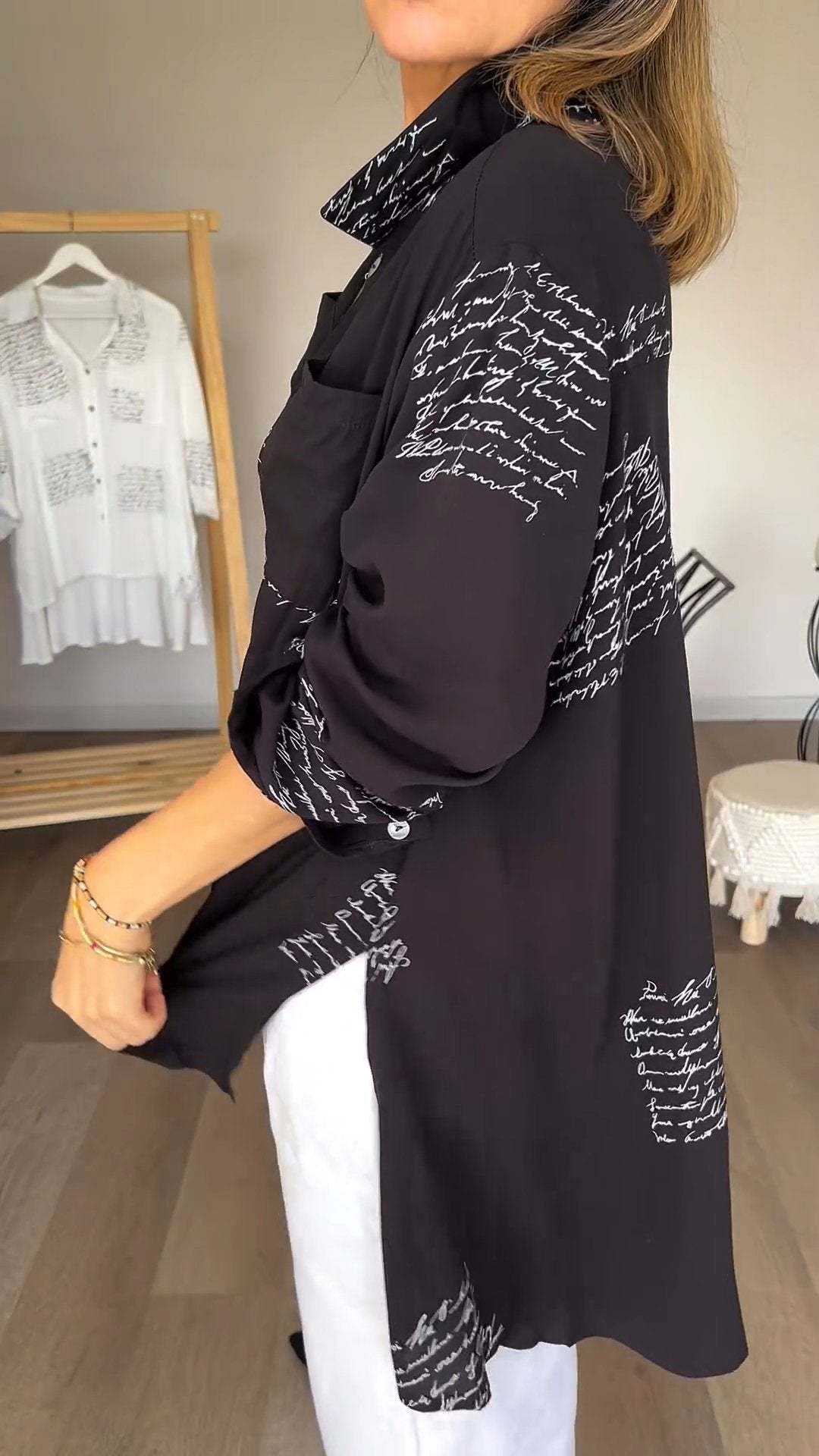 Unequal length letter print loose shirt