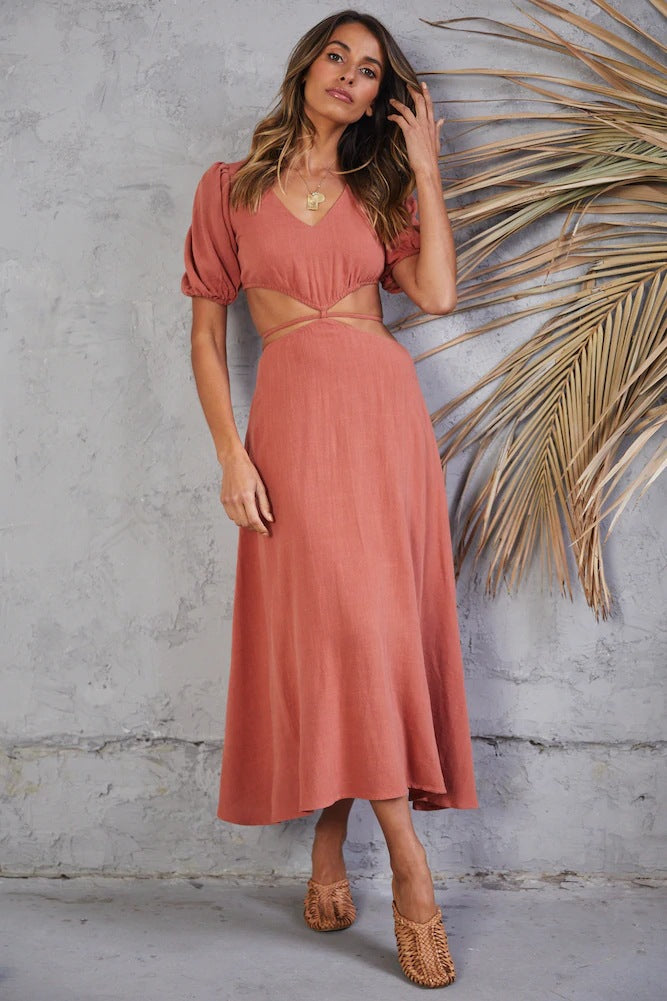 V-Neck Puff Sleeve Cut-Out A-Line Midi Dress