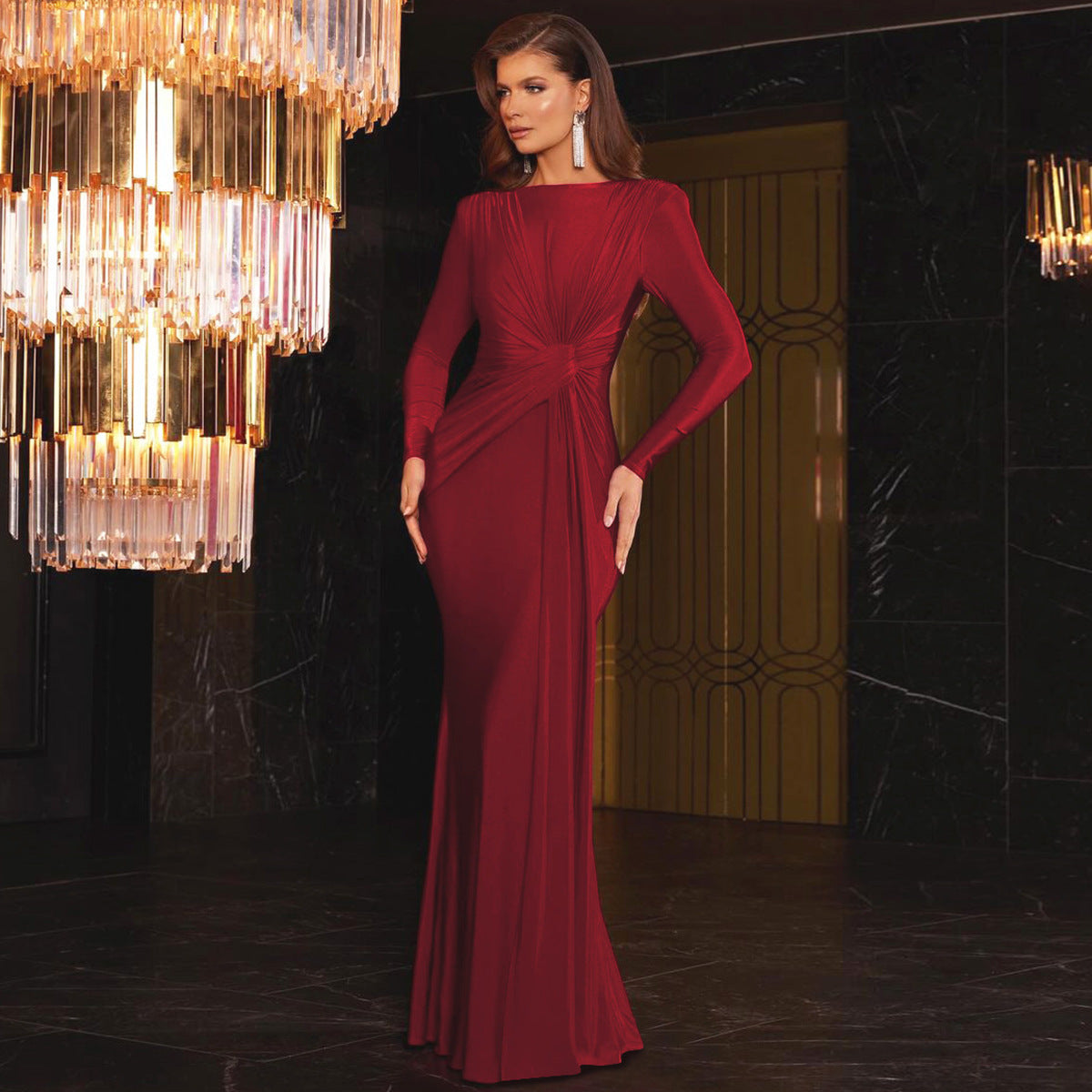 Satin Round Neck Long Sleeve Ruched Mermaid Maxi Gown - View 5