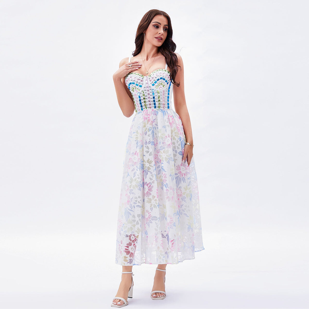 Spaghetti Strap Sweetheart Beaded Corset 3D Floral Midi Dress