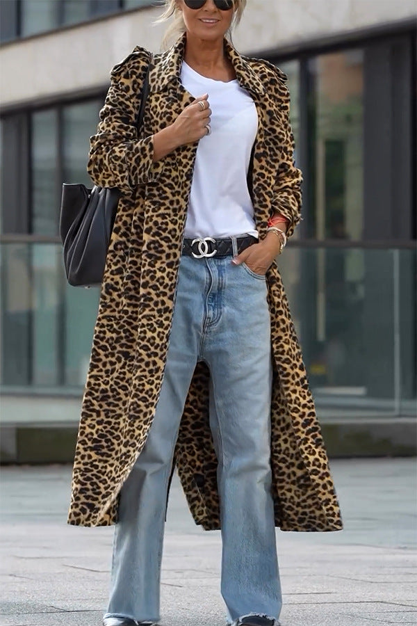 Leopard Print Long Trench Coat for Chic Layering Style