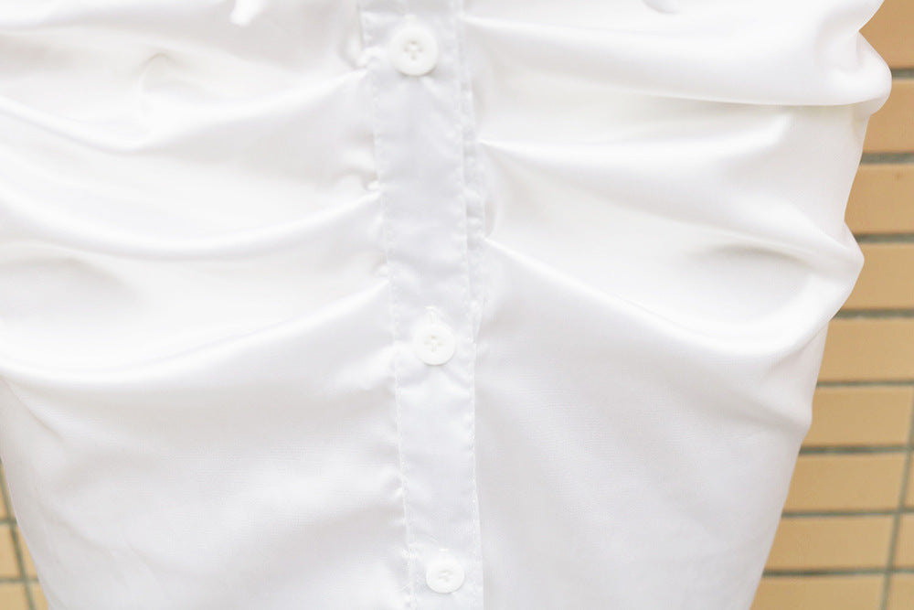 Satin Collared Short Sleeve Button Front Ruched Midi Dress