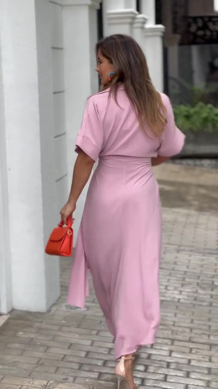 Essence Satin Tie Front Midi Shirt Dress - Lavender
