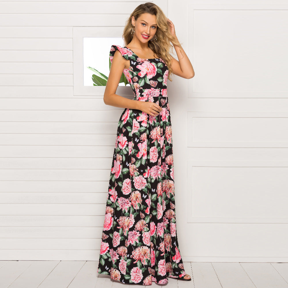 Floral Print Square Neck Ruffle Strap Fit & Flare Maxi Dress