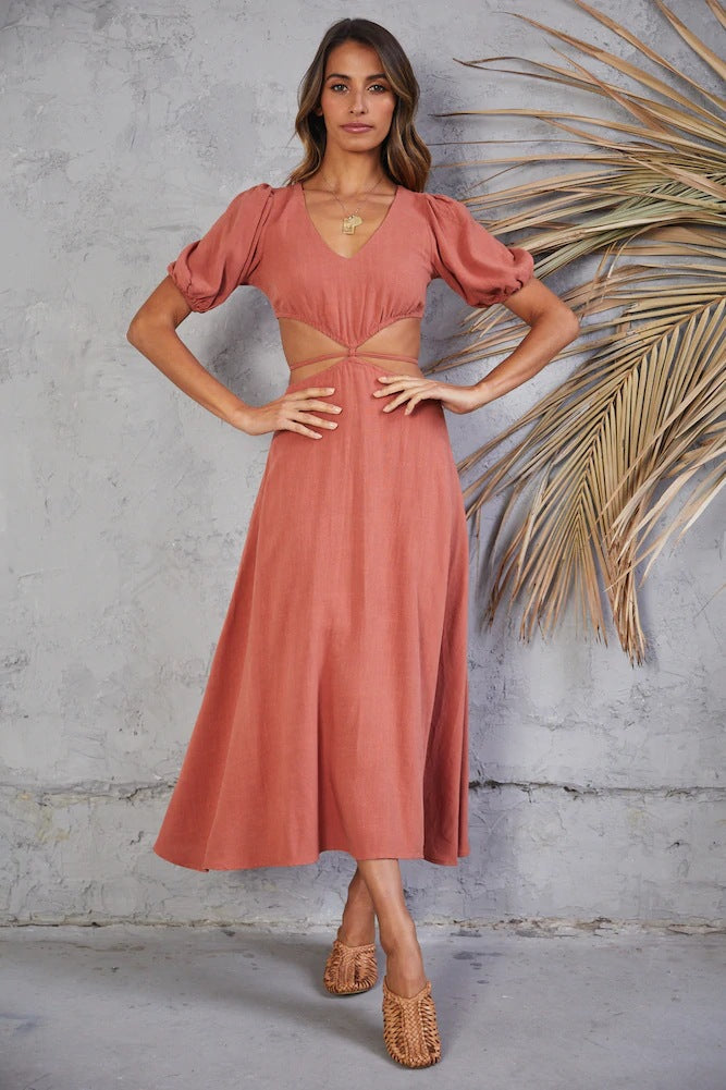 V-Neck Puff Sleeve Cut-Out A-Line Midi Dress