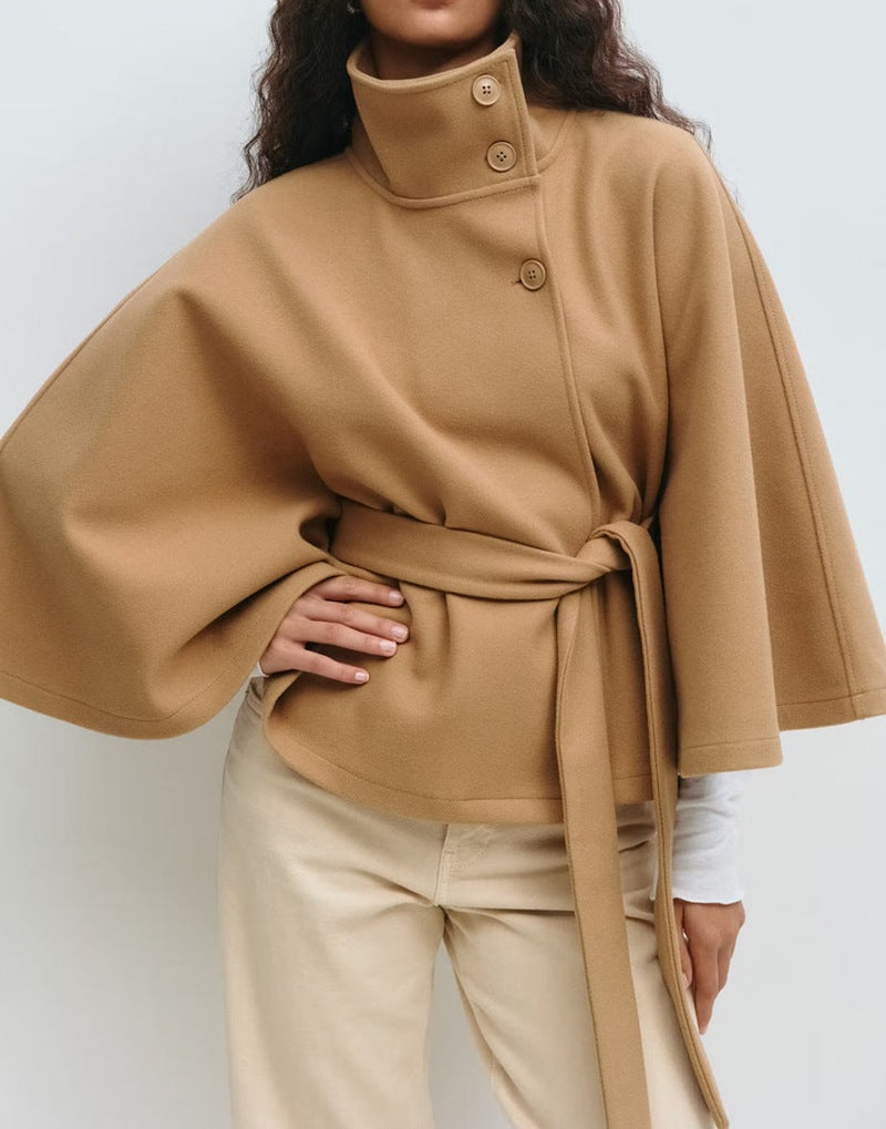 Solid Color Stand Collar Belted Cape Trench Coat for Elegance