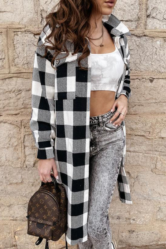 ShoptheCIC Long Lapel Plaid Single-Breasted Coat Jacket