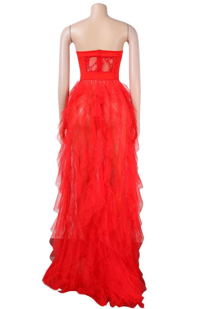 Lace Bustier Strapless Tiered Tulle Maxi Dress