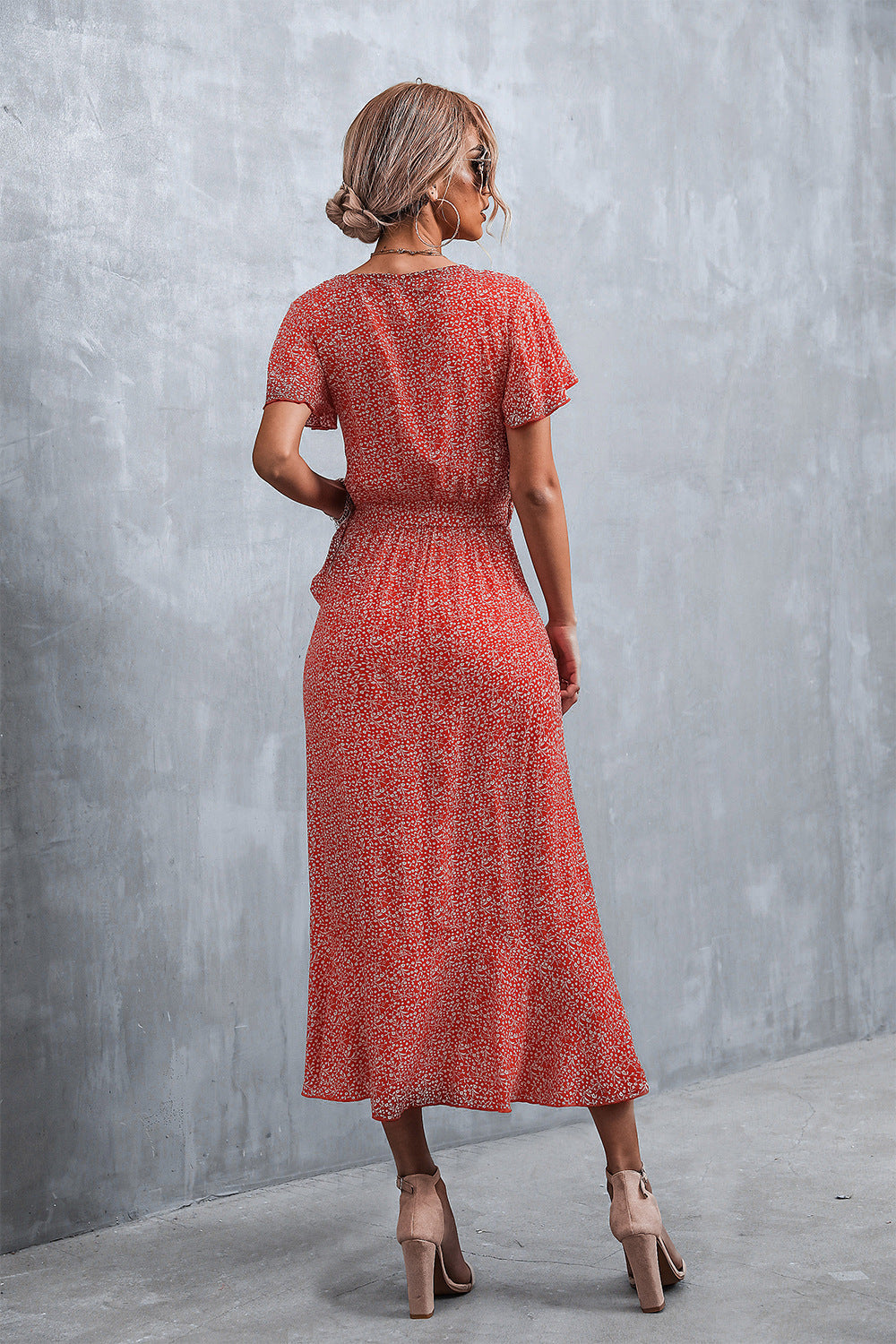 Floral Print V-Neck Short Sleeve Ruffle Wrap Maxi Dress