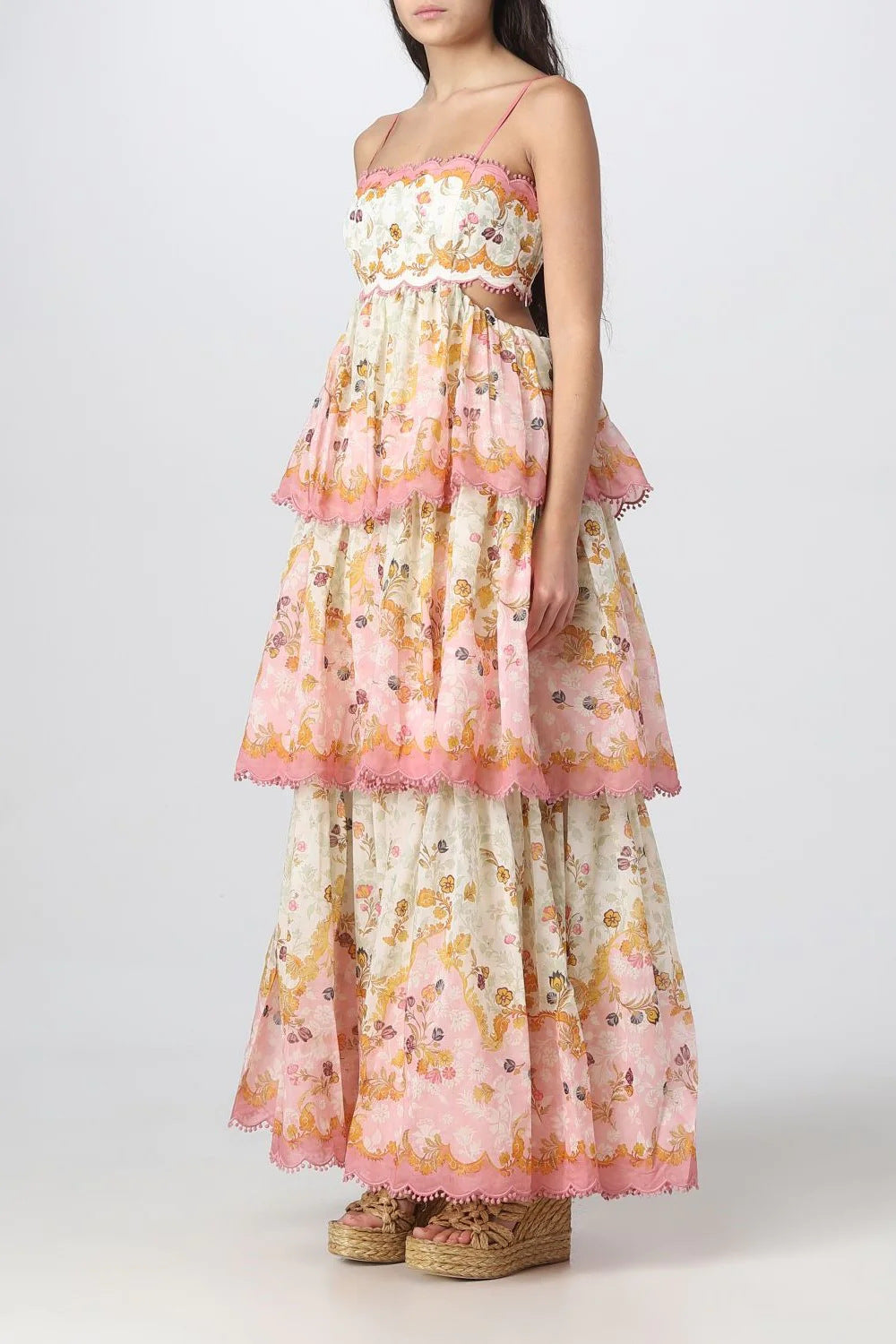 Floral Spaghetti Strap Scalloped Cut Out Tiered Midi Dress - View 3