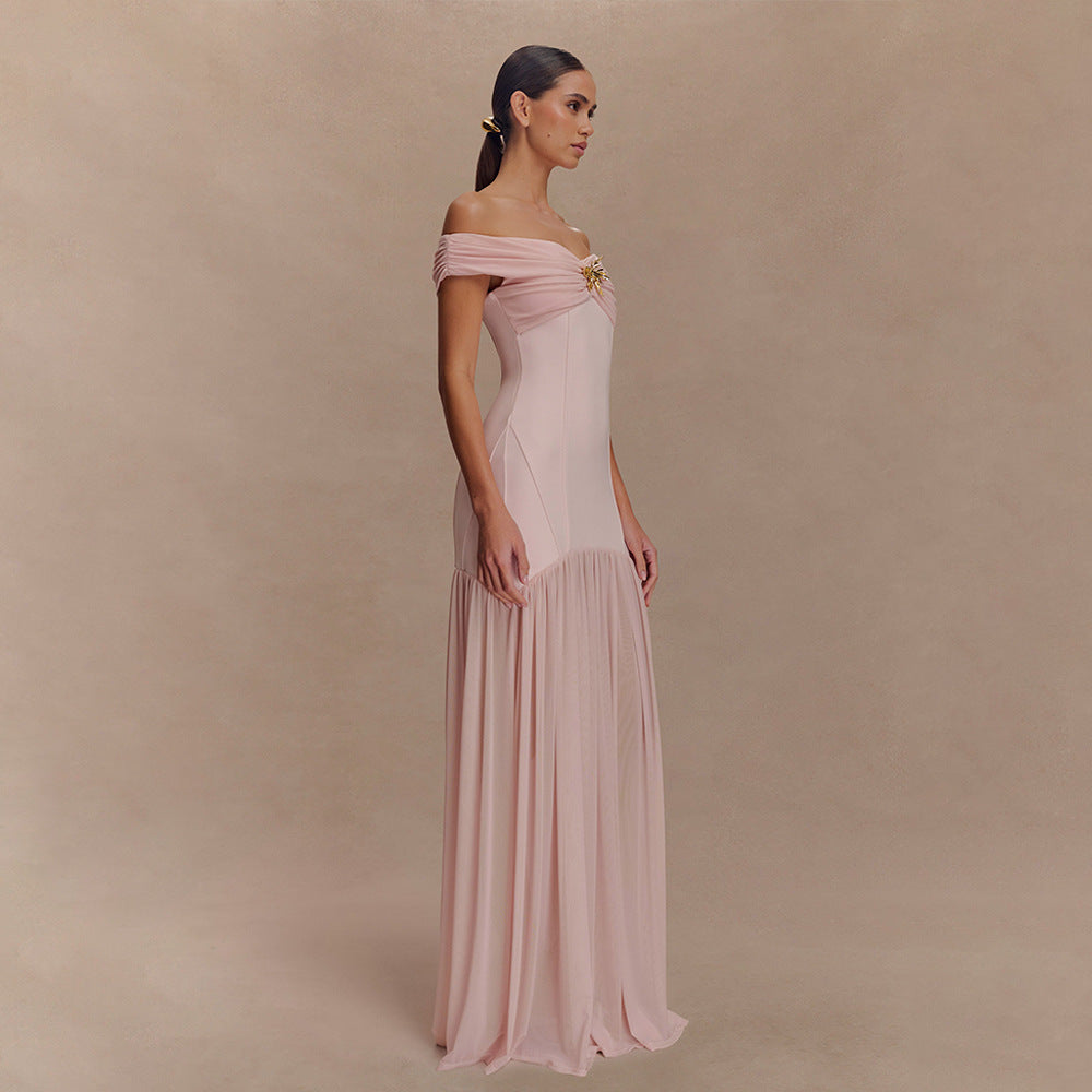 Off-Shoulder Ruched Brooch Drop-Waist Chiffon Maxi Gown 3