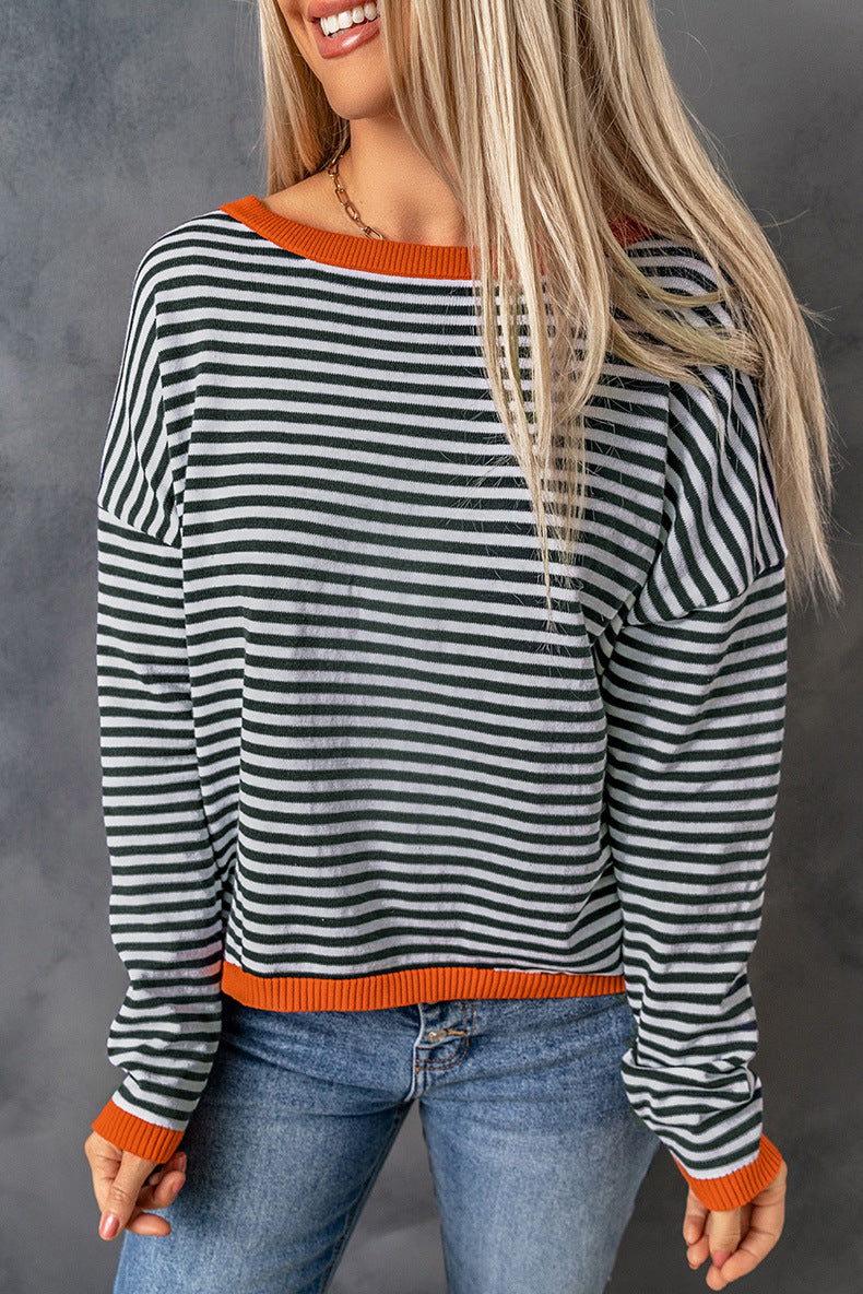 ShoptheCIC Contrast Striped Drop Shoulder Sweater for Chic Style
