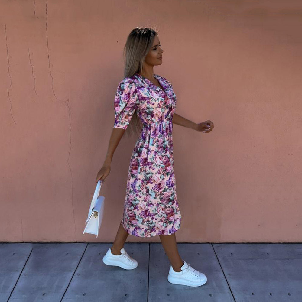 Floral Print V-Neck Puff Sleeve Wrap Midi Dress