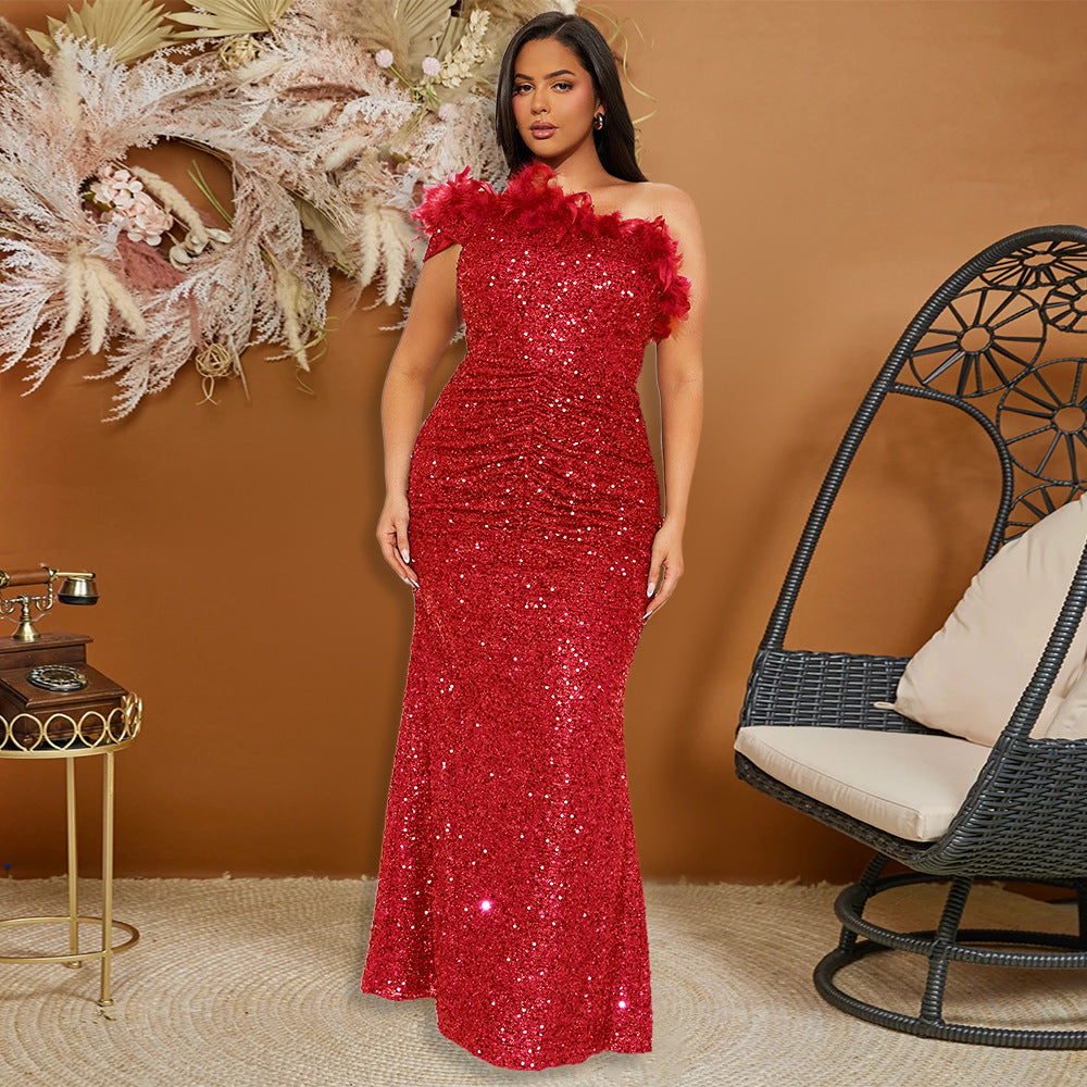 Sequin Feather Trim Strapless Ruched Mermaid Maxi Gown - View 2