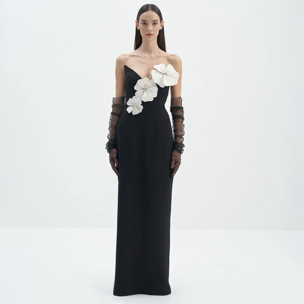 Strapless 3D Floral Applique Column Maxi Gown