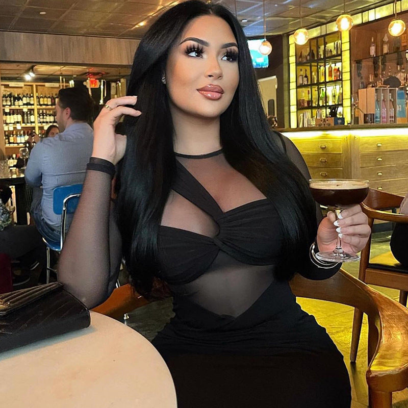 Mesh Long Sleeve Twist Bust Cut Out Bodycon Midi Dress - View 4