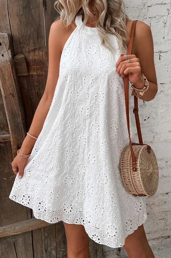 Sleeveless Embroidered Halterneck Mini Dress  