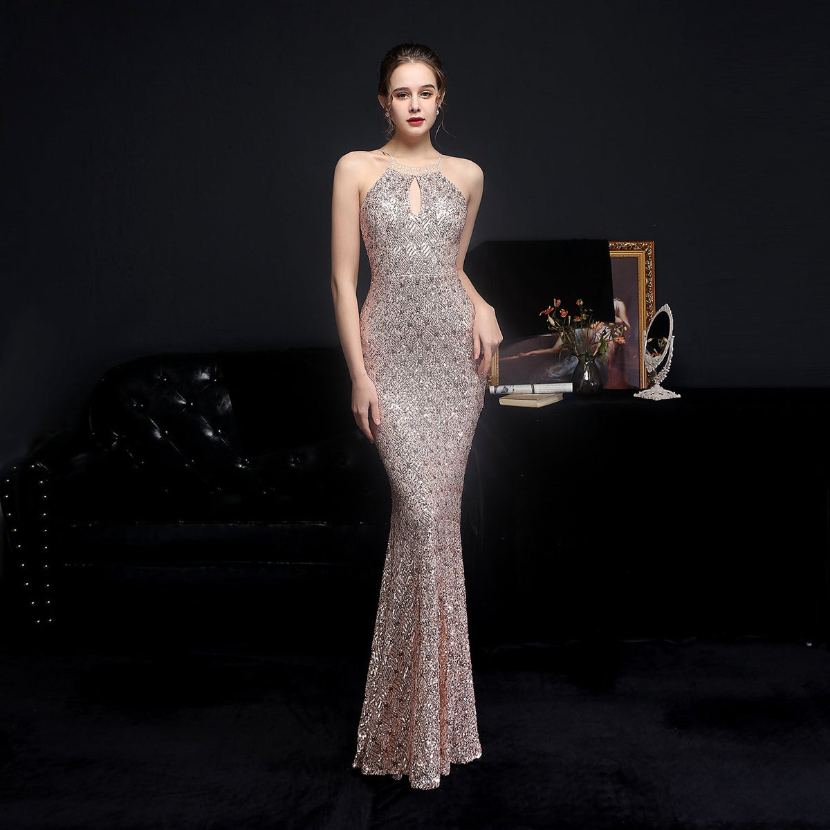 Halter Neck Keyhole Beaded Sequin Mermaid Gown