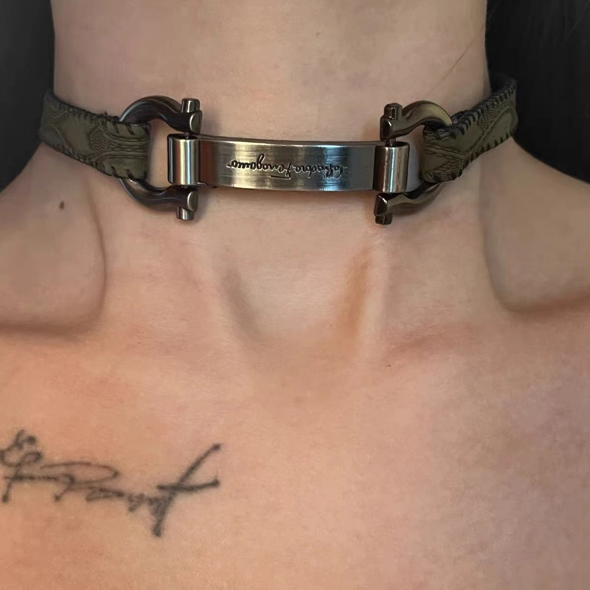 Trendy Punk Heavy Y2K Metal Leather Choker Necklace Silver Halloween