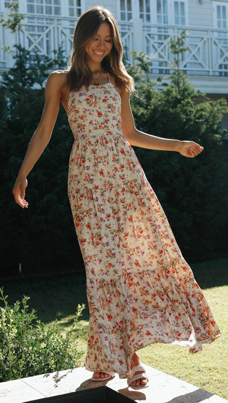 Floral Print Halter Neck Tiered Maxi Dress