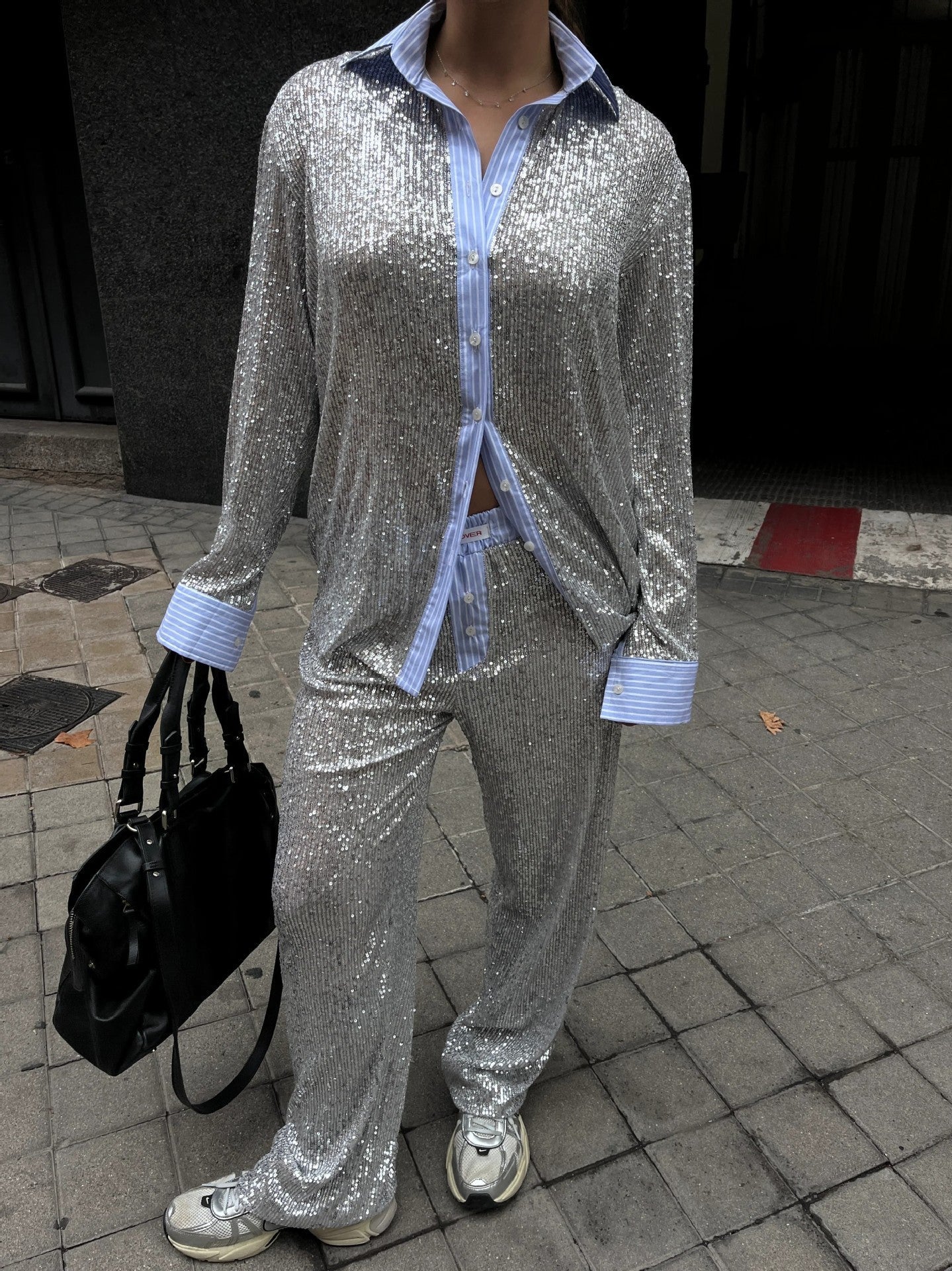 Sequined Two-Piece Suit Jacket and Wide-Leg Pants Set