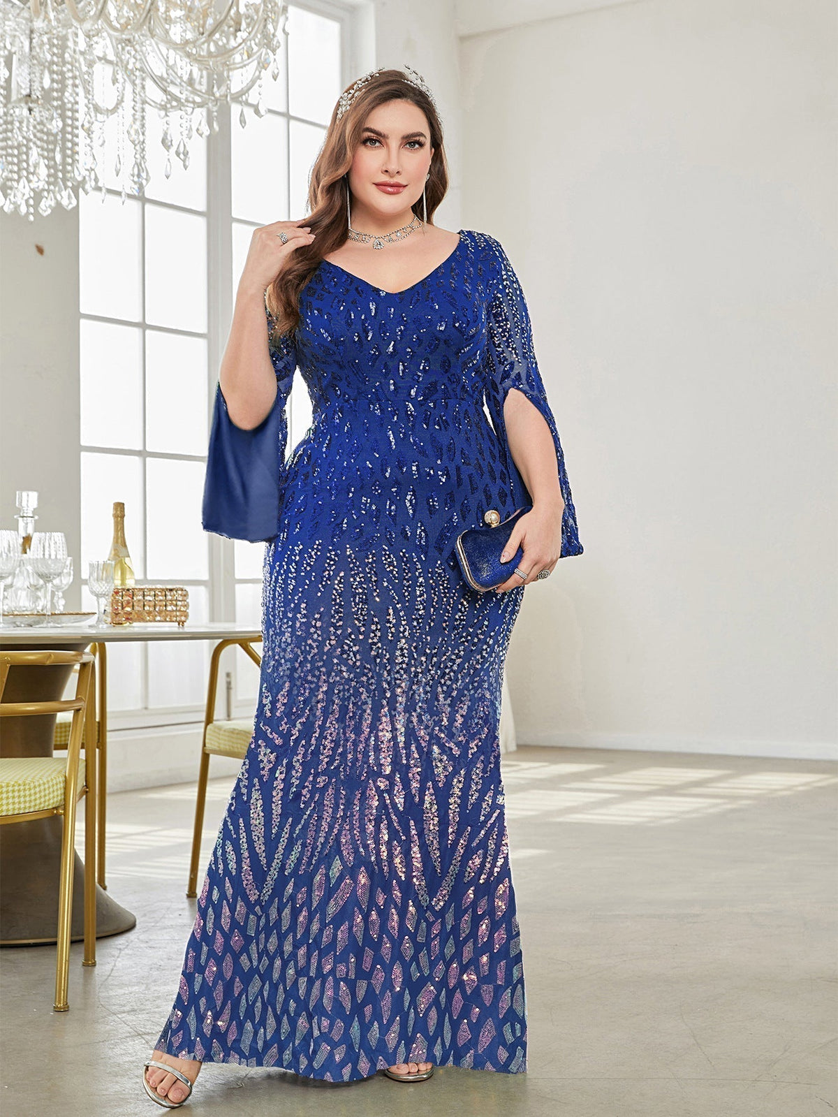 Sequin V-Neck Cape Sleeve Mermaid Evening Gown - View 7