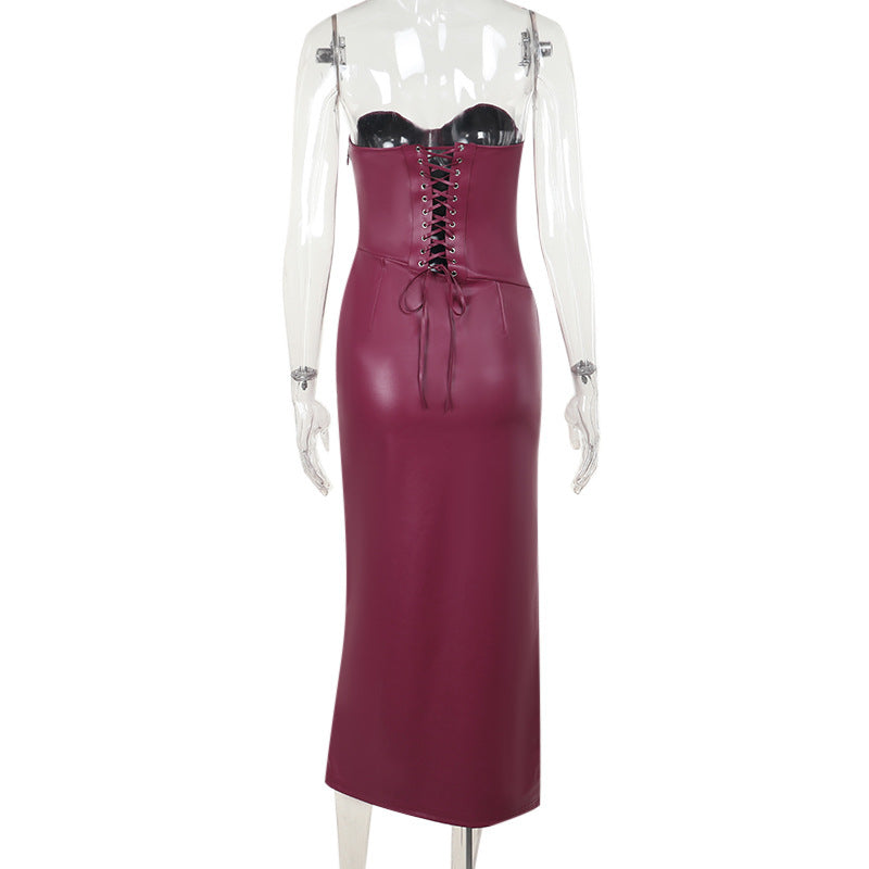 Faux-Leather Strapless Sweetheart High-Slit Maxi Dress 8