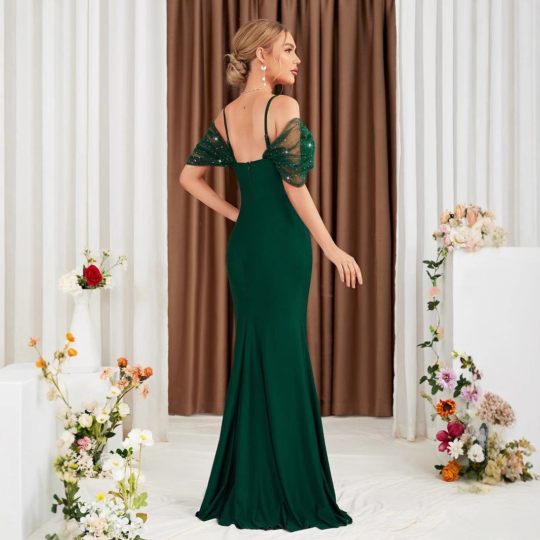 Off Shoulder Spaghetti Straps Evening Dress Slit Slim Fit Fishtail Gown Annual Meeting Performance Host Formal Dress - Fashionpara