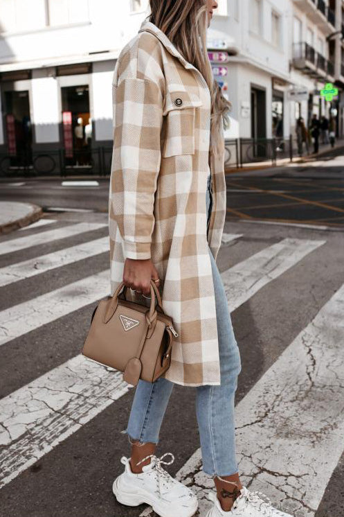 ShoptheCIC Long Lapel Plaid Single-Breasted Coat Jacket