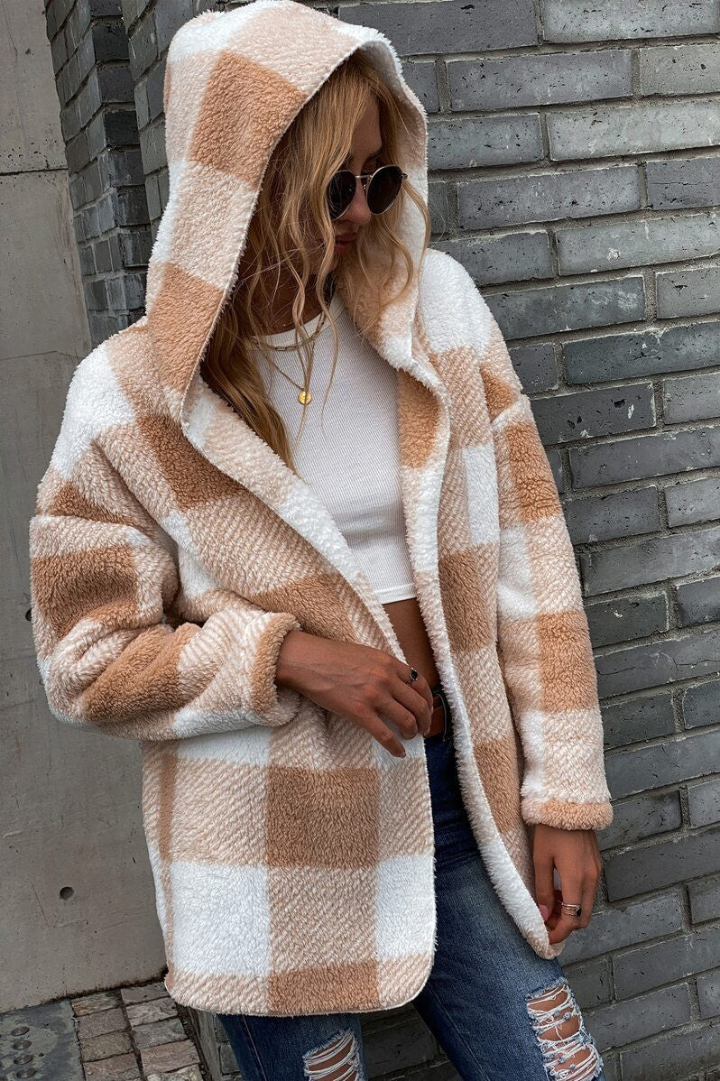 Double-Sided Hooded Plaid Cardigan Jacket for Cozy Style