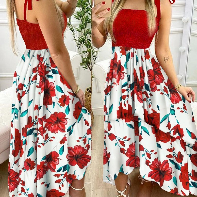 Floral Print Shirred Tie Strap Ruffle Hem Midi Dress