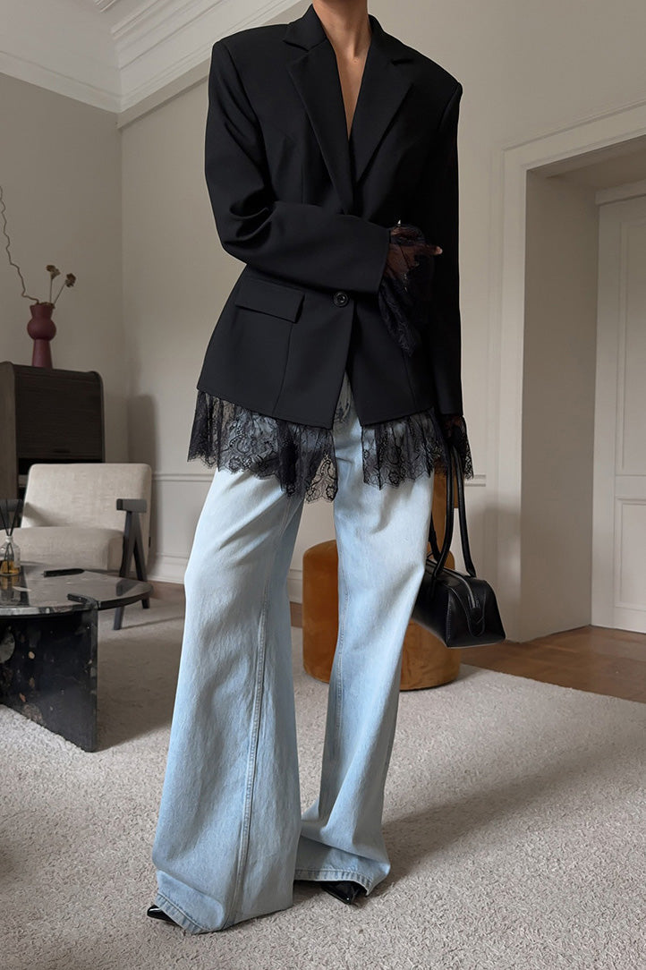 Elegant Black Long-Sleeved Lace Patchwork Coat for Women