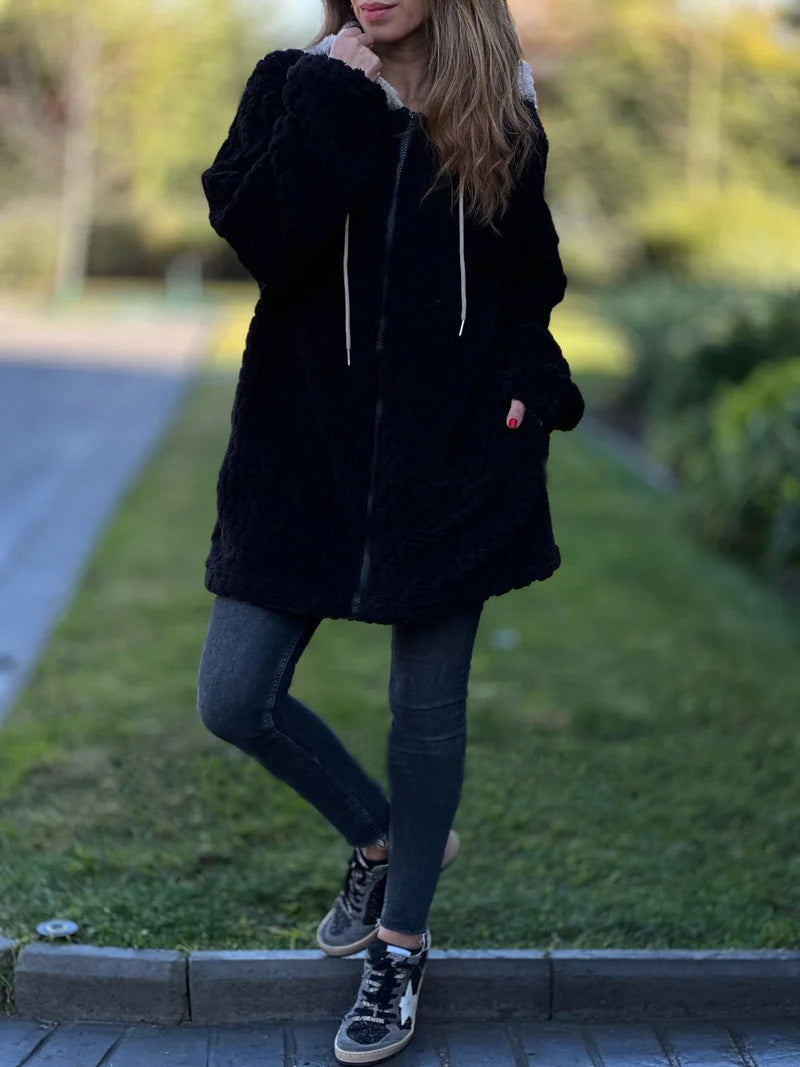 Mid-Length Vintage Hooded Fur Zip-Up Knitted Coat for Comfort