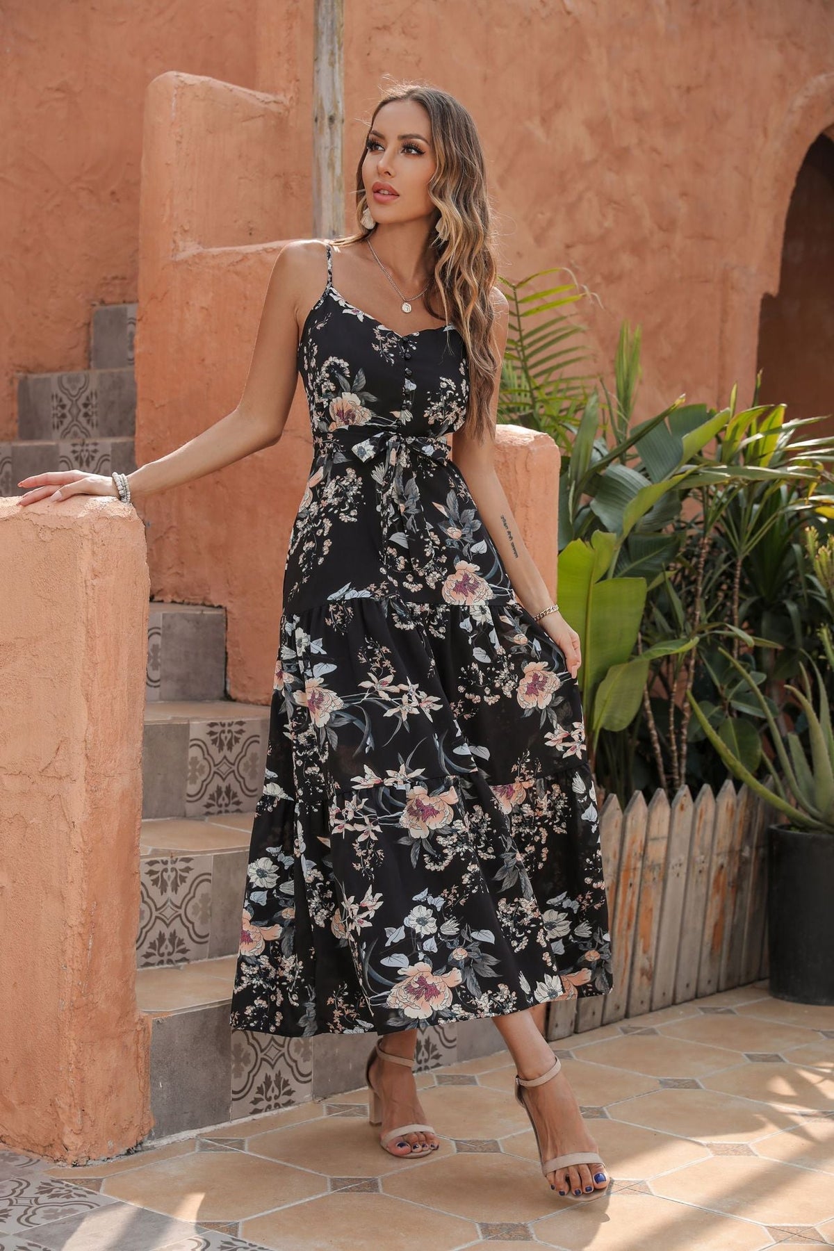 Floral Print Button Front Tiered Maxi Dress