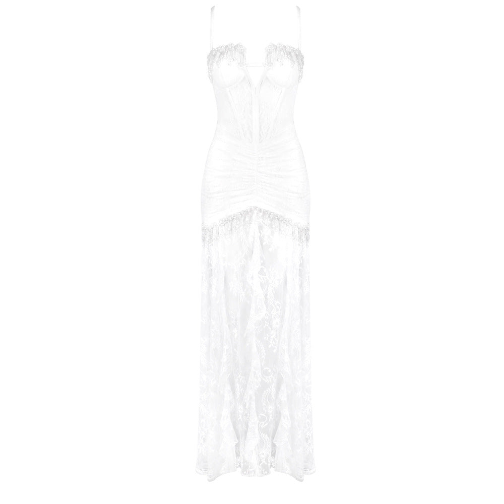 Women White Sexy Tube Top off Shoulder Lace Slim Long Wedding Dress - View 5