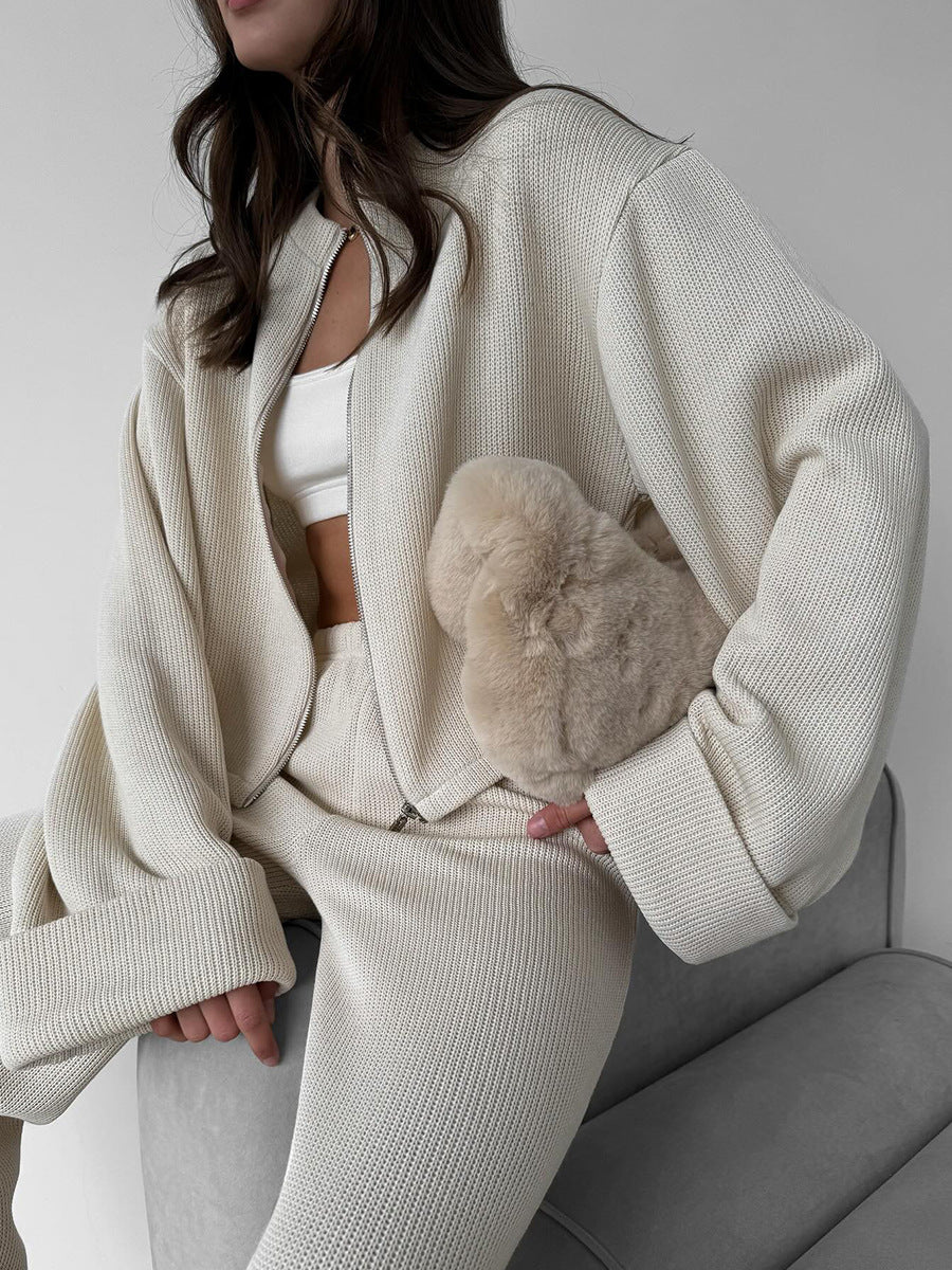 Knitted Long-Sleeve Jacket and Wide-Leg Pants Set for Elegance