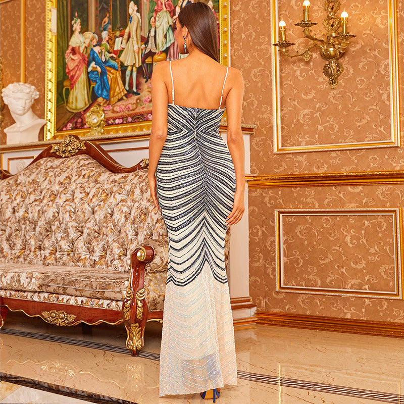 Deep V-neck Strap Elegant Fishtail Gray Cocktail Long Evening Dress for - Fashionpara