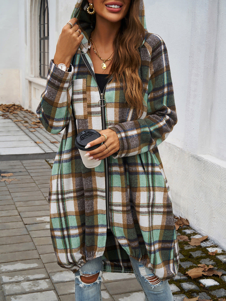Stylish Plaid Zippered Hooded Long Jacket for Modern Looks