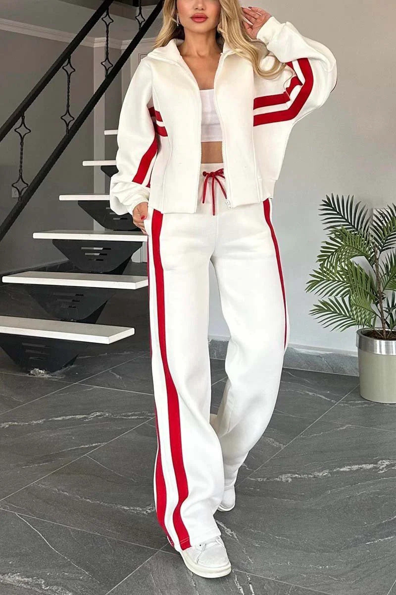 Y2K Striped Zip-Up Cropped Jacket and Pants Set for Style