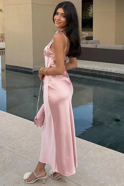 Chic Sheath Spaghetti Straps Pink Long Party Dress with Keyhole