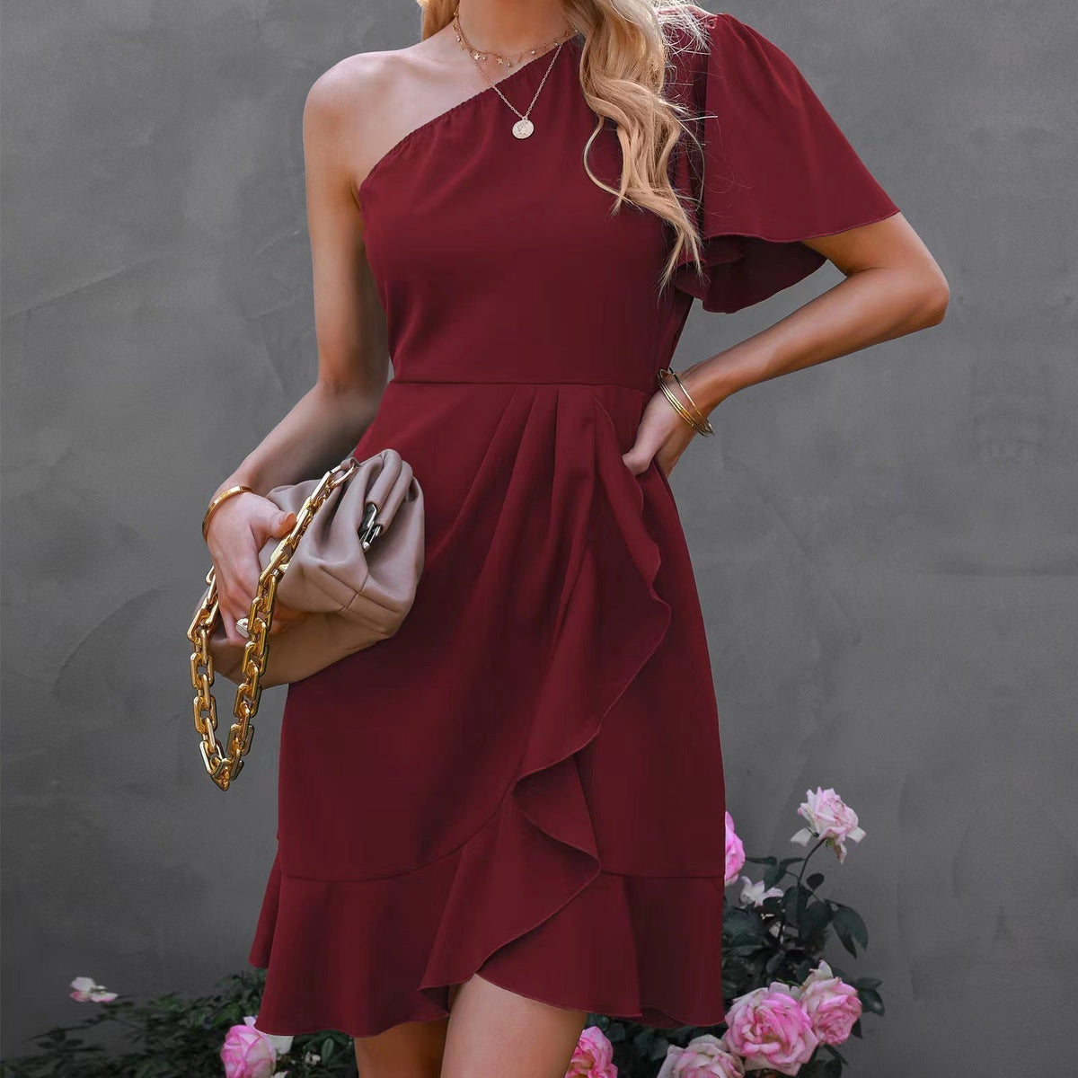 One Shoulder Flutter Sleeve Wrap Ruffle Hem Mini Cocktail Dress - View 2