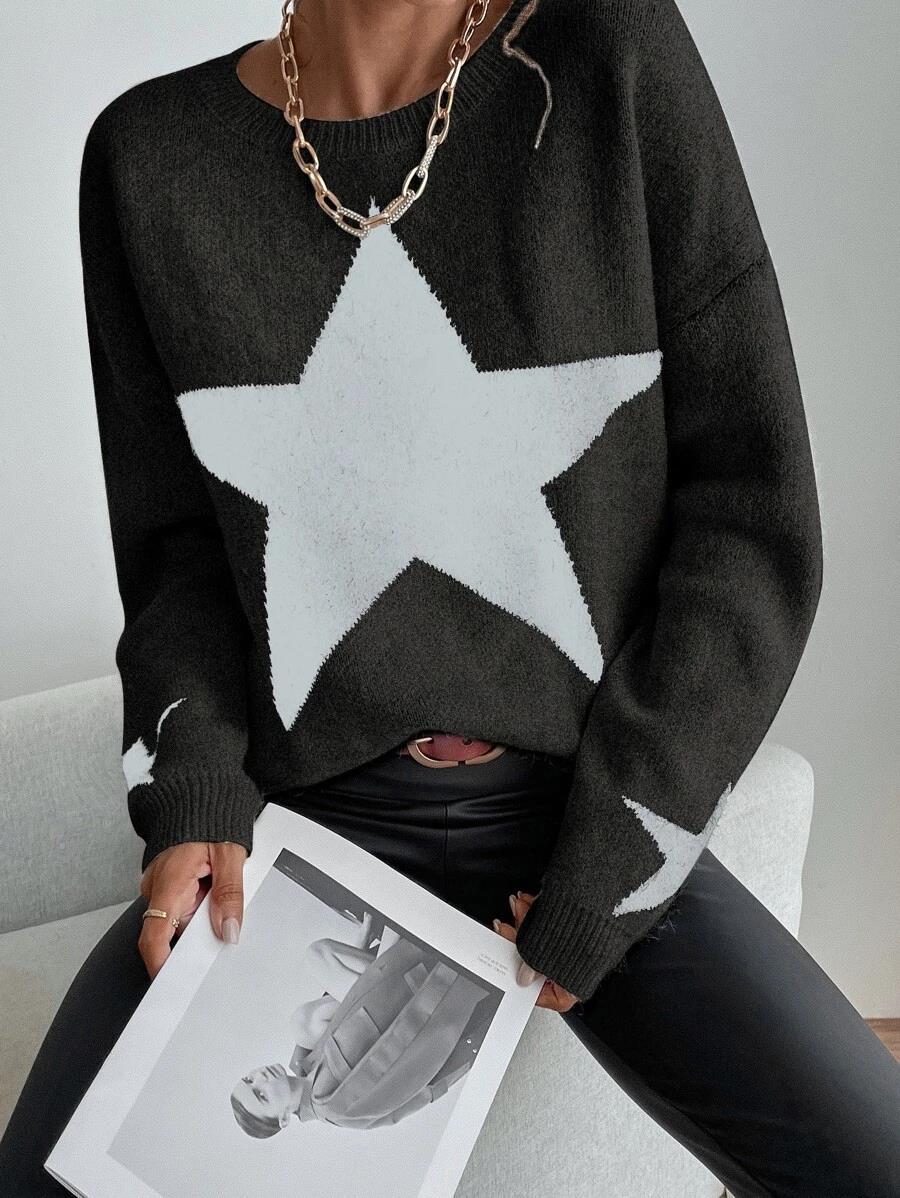 ShoptheCIC Big Stars Crew Neck Sweater for Everyday Style