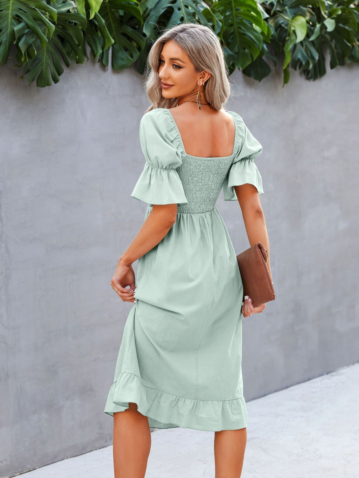 Square Neck Puff Sleeve Smocked Ruffle Midi Dress