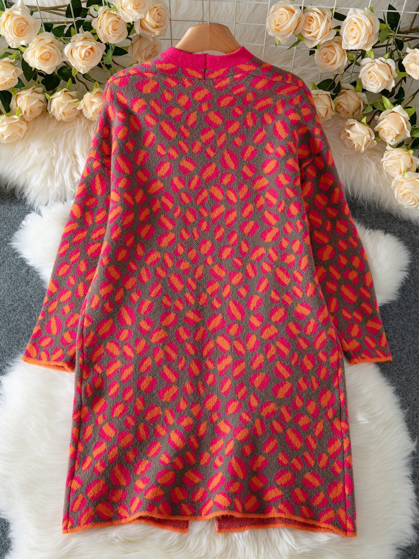 Rose Red Leopard Print Long Sweater Coat for Stylish Comfort