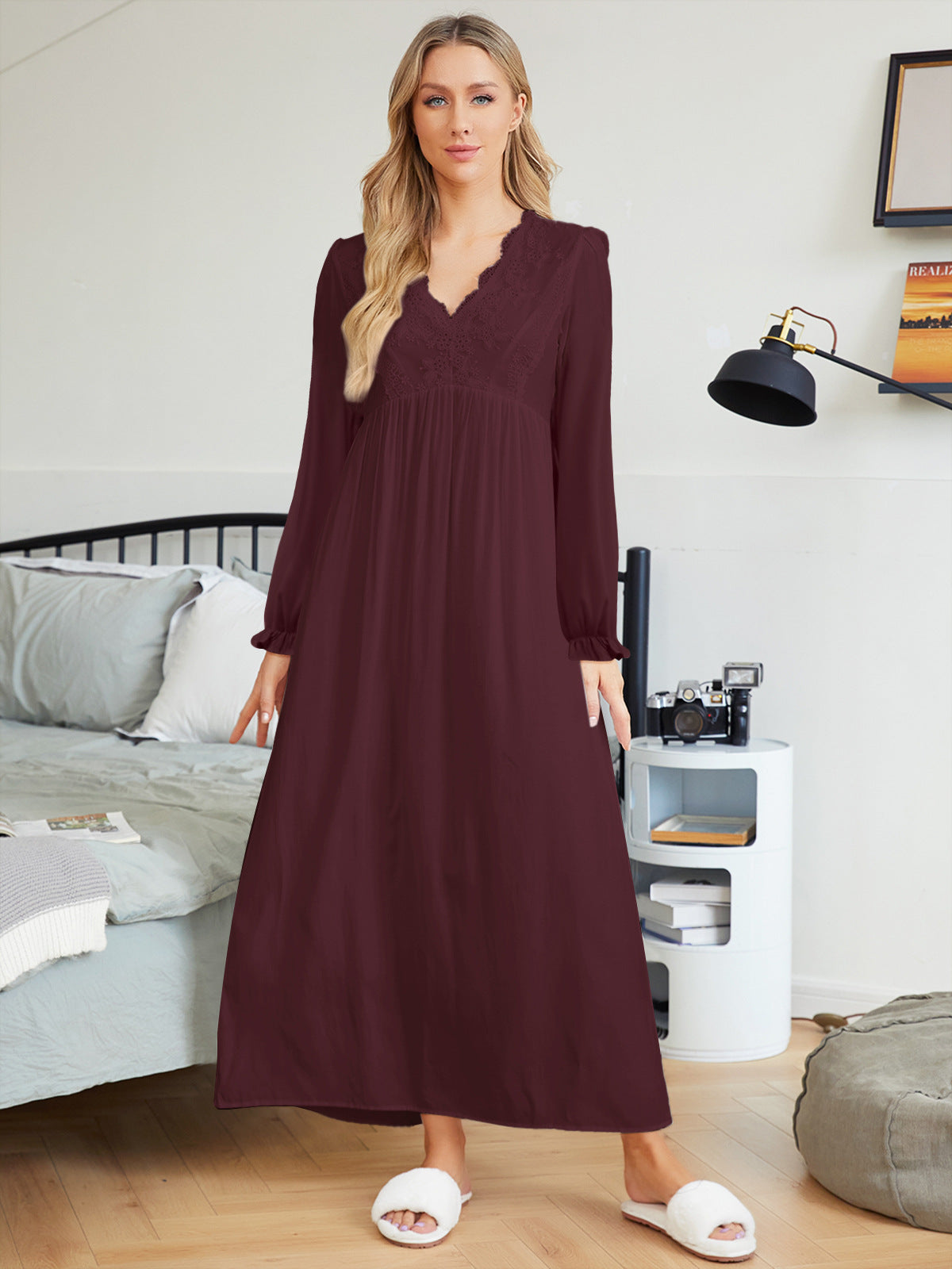 Lace V-Neck Long Sleeve Empire Waist Maxi Dress