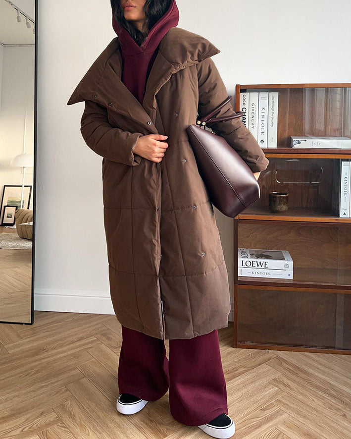 Elegant Long Cotton Coat with Large Lapel and Belt