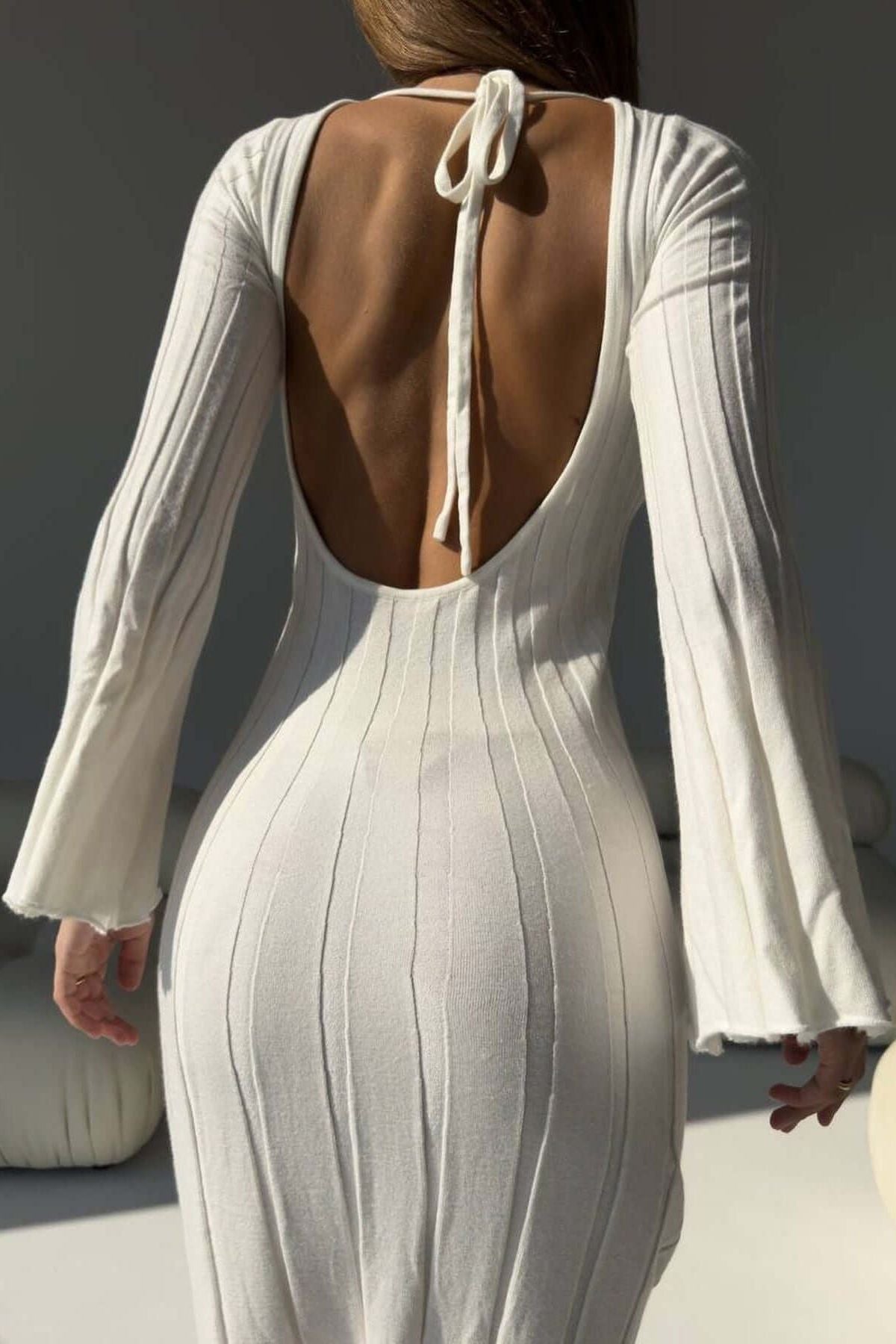 Pleated Round Neck Flare Sleeve Bodycon Midi Dress