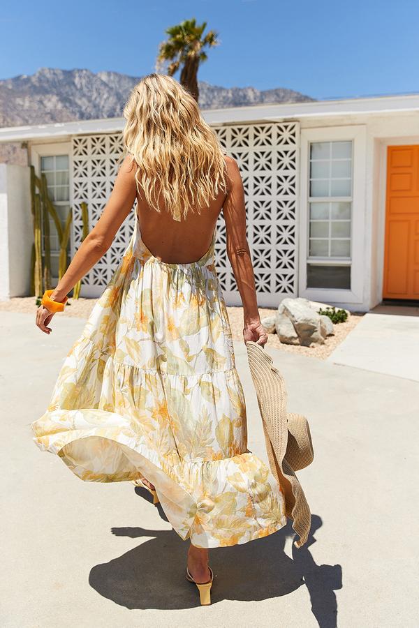 Floral Print Halter Neck Tiered Maxi Dress