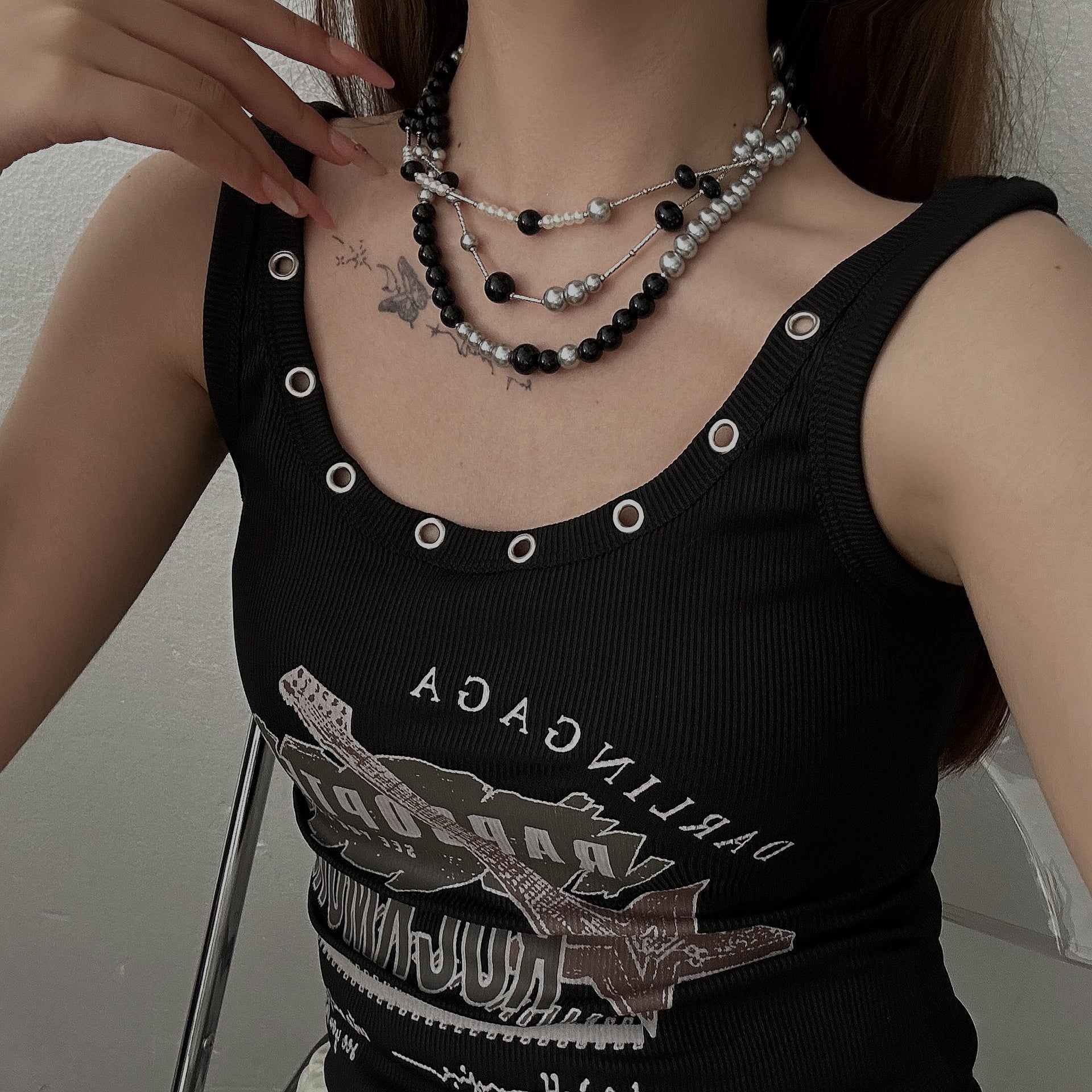 Long Pearl Layered Choker Necklace Black Halloween