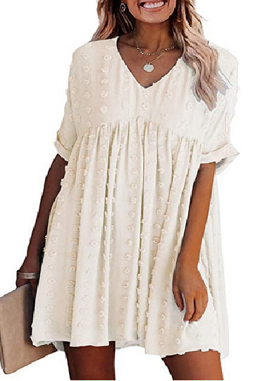 Swiss Dot V-Neck Short Sleeve Babydoll Mini Dress
